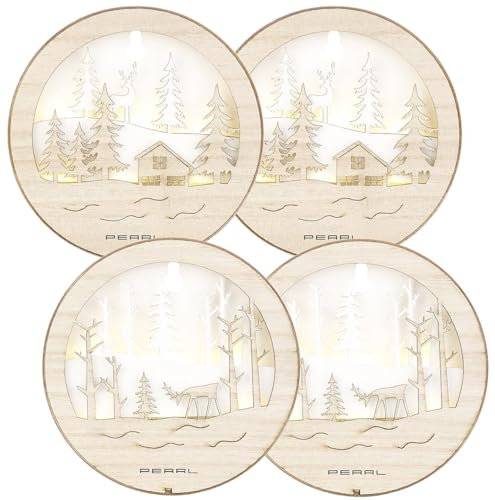 Lunartec Holz Bild: 4er-Set leuchtende Echtholzbilder mit weißen LEDs, Batteriebetrieb (Holzbild 3D, Holzbilder mit Beleuchtung, Schnee)
