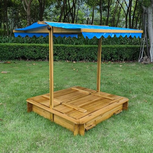 Large Natural Wood Sandbox with Adjustable Canopy and Foldable Bench Seats for Kids Aged 3 8 Outdoor Playset with Lid for Hours of Fun
