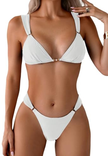 GORGLITTER Damen Bikini Set mit Ringdekor Badeanzug Einfarbig Bikini-Set Hohe Tailie Bikinis Rückenfrei Swimsuits 2-teiliges Set Strandanzug Bademode Weiß M