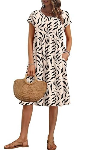 AUSELILY Vestido Verano Manga Corta hasta la Rodilla para Mujer Vestidos Holgado con Cuello Redondo y Bolsillos