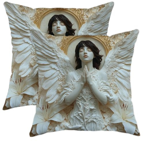Juego de 2 fundas de cojín con diseño de alas de ángel, diseño floral beige, fundas de cojín decorativas para el hogar, sofá, cama, 40,6 x 40,6 cm
