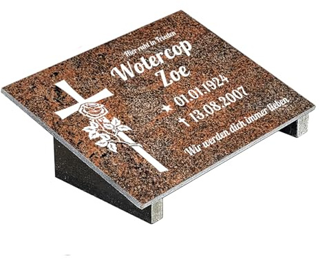Grabplatte mit Inschrift aus Granit Multicolor Rot, personalisierbar Gedenktafel für Urnengrab, Wählmotiv, Grabstein für 1-2 Pers., Urnengrabstein (Multicolor Rot, 30x40cm mit Stützen, Kreuz)