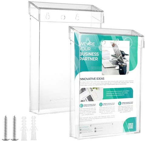 LDHHYH 2 Pack A5 Wall Mounted Document Holder, Acrylic Outdoor Brochure Holder, Wall-Mounted Leaflet Holder with Lid for Pamphlet Map Menu Display, Clear