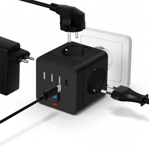 Regleta, Cubo Enchufe 7 en 1, 3 USB A, 1 USB C, 4 Tomas de Corriente de estándar Europeo, Interruptor mecánico Mejorado. Ladron Enchufes (Negro)
