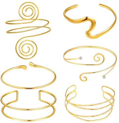 IISVCUNY 6 Pieces Gold Arm Cuff Jewelry, Fashionable Design Upper Arm Bracelet, Armband Set Adjustable for Women, Suitable for DancePparties, Wedding, Fashion Shows