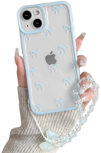 NITITOP for iPhone 14 Plus Case Cute Clear Bow Chain,Blue | for Women Girls, Aesthetic Bowknot Ribbon Design, with Wrist Strap, Soft TPU Shockproof Cover, Full Camera Protection