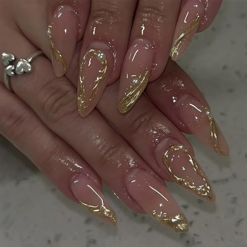 GlamRays 24 pièces de Faux Ongles dorés à Pointe française, Amande Moyenne avec Perles et Design de Lignes irrégulières, Style Minimaliste doré français