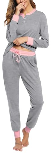 Aseniza Pyjama Femme Hiver Coton Ensembles de Pyjama Femmes Chauds Manches Longues Vêtements de Nuit Couleurs Contrastées Ensemble Pyjamas Tenue de Nuit Vêtements de Détente Loungewear Gris S