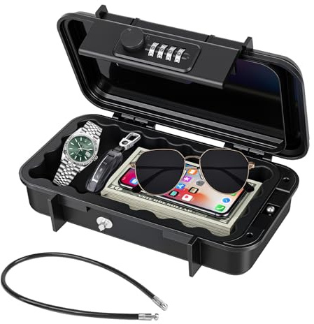 Tragbarer Tresor Strandsafe, Wasserdicht 4 Stelliger Zahlencode mit 6MM Dicker Abnehmbarem Drahtseil, SOARFLY Strandtresor Sicherheitsbox Outdoor, Reisen, am Strand, Camping, Büro, Auto
