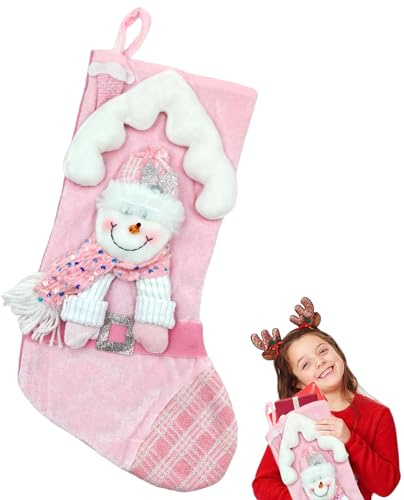 KECDRU Calze Natalizia da Appendere Rosa Grande 3D con Decorazione Glitterata, per Camino Decorazione Natale Riutilizzabile Classico Christmas Stocking (Pupazzo di Neve)