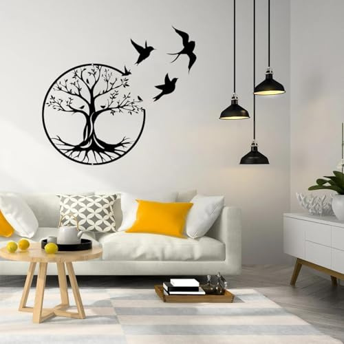 Machtiging Metall Wanddeko,Baum des Lebens Wanddeko,Art Ausschnitt Wandschmuck,Wandbild Wanddeko Metallbild Schwarzer Wandbehang,FüR Badezimmer KüChe Wohnzimmer Schlafzimmer Indoor Outdoor
