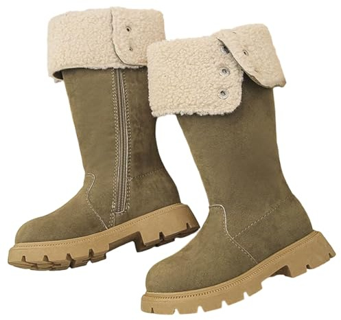 Botas de equitación para niñas, caña plegable, tacón medio, botas de equitación para niños y adolescentes, ropa casual (caqui, 8,5-9 años)