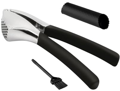 Pressa per aglio in acciaio inox – Strumento da cucina facile da usare, frantoio per aglio per la casa | Set di pressa per aglio con spazzola per la pulizia, per cucinare, barbecue, picnic, campeggio