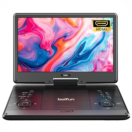15.7 Portable DVD Player with 14.1 Large Screen Support, HDMI Input, 5 Hrs Rechargeable Battery, Sync TV/Projector, USB/SD, Region Free, Dual Speaker, Multiple Disc Formats, Black