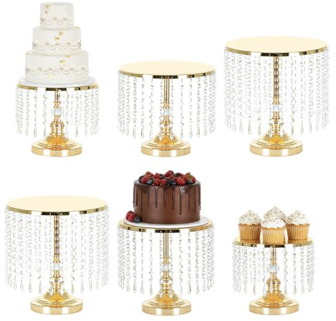 Vincidern Alzata per torta nuziale per tavolo da dessert, 6 pezzi, in oro, con ciondoli in cristallo, per matrimoni, feste, eventi, supporto rotondo per dessert e cupcake (metallo)