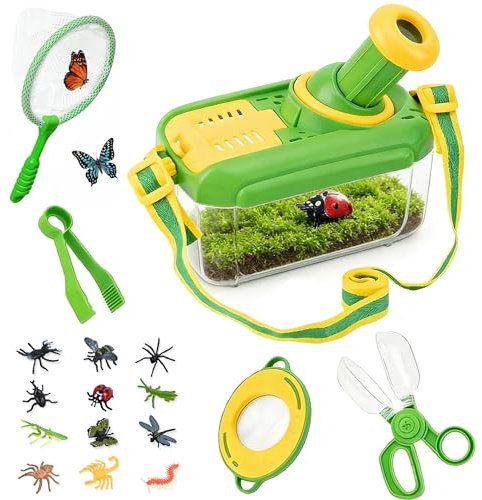 Forscherset für Kinder ab 4, Entdecker Set mit Insekten Beobachtungsbox,Schmetterlingsnetz, 12 Gefälschte Insekten,Kinderlupe, Insektenfänger, Geschenke für Junge und Mädchen