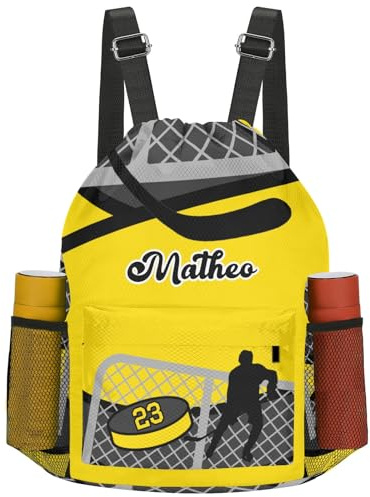 LiSoAkWE Personalized Drawstring Swim Bag for Boys Girls,Sport Number Yellow Ice Hockey Player Customized Swim String Bag for Men Women Kids Gifts