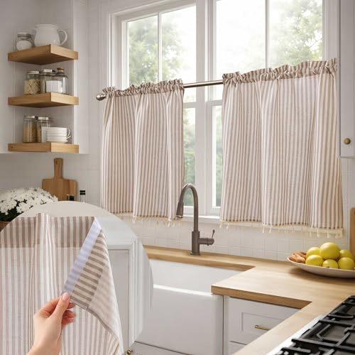 Jilron Lot de 2 rideaux brise-bise opaques, courts, aspect lin et franges décoratives, montage facile pour rideau de cuisine, marron, H 61 x l 86 cm