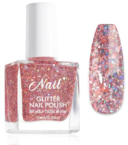 Holographic Rosa Nagellack Glitzer - Wasserbasierter Schnelltrocknender Nagellack Ungiftig - Glitzernagellack Nagellacke Für Partei - Sparkle Nail Polish Nagelack Ohne UV Lampe Für Frauen(Pink, 10ml)