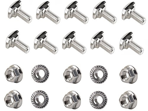PZRT 10pcs M6 x 25mm Hammer Head Bolt T Screw,10pcs M6 Hexagon Flange Nuts Set, Carbon Steel Nickel Plated for 3030 Series Standard 8mm T-Slot Aluminum Profile