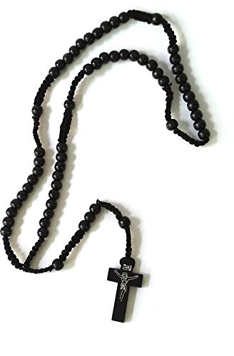 LNIMIKIY Moda Retro Herren-Kranz Christo Rosenkranz Holz Perlenkreuz Anhänger geflochten Kette (Kaffee), Schwarz One size