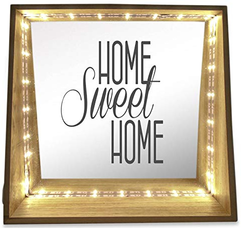 WB wohn trends Deko-Leuchte LED-Spiegel aus Holz mit Motiv, Home Sweet Home, 24x23x8cm, Deko-Spiegel Licht LED-Lampe mit Text Spruch