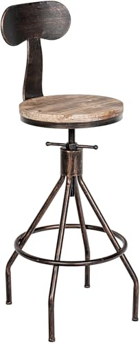 CLP Barhocker Hanam im Industrial-Look I Höhenverstellbarer Barhocker mit Holzsitz und Rückenlehne I Metallhocker mit Fußablage | Farbe Bronze