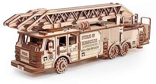 3D Puzzle Adult Fire Engine - DIY Wooden Construction Kit Mechanical Puzzle with Wind-Up Mechanism, Ladder & More - 3D Wooden Puzzle for Adults & Children from 14 Years - EWA Eco Wood Art, 439 Pieces