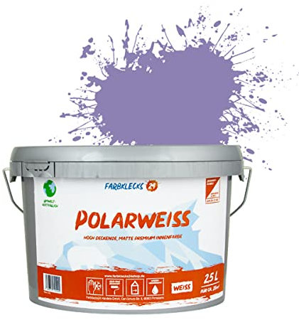 Farbklecks24 Polarweiss Color (versch. Farben) premium Wandfarbe, weiss, sehr hohe Deckkraft, Wandfarbe, Deckenfarbe, Deckkraft Klasse 1, Nassabrieb Klasse 2 (2,5L, Lila 2-3)