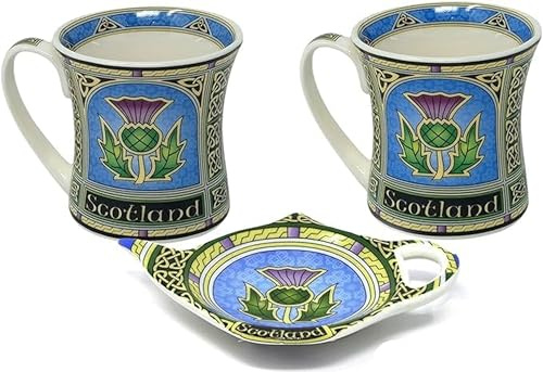 Royal Tara Set mit 1 schottischen Teebeutelhalter mit Distel und 2 Tassen mit Distel aus feinem Porzellan