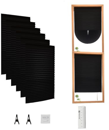 6 PCS Paper Blinds for Windows Stick On，91 * 180 CM Temporary Blinds No Drill Self Adhesive, Temporary Blackout Shades Easy Fit Easy Cut,Light Filtering Pleated Shades for Home, Black