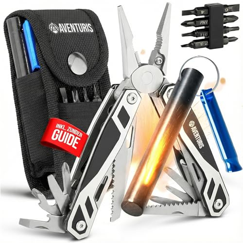 AVENTURIS® Multitool-Feuerstahl-Set, Ostergeschenk für Männer, Survival-Outdoor- Ausrüstung 21 Funktionen Multitool werkzeug kombiniert mit Feuerstahl als set. Ein Outdoor-messer mit XXL feuerstahl