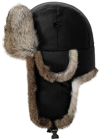Harssidanzar Fliegermütze wasserdichte Winter Kaninchen Pelz Hüte Gefüttert Trappermütze Aviatormütze für Herren und Damen CU606EU, Schwarz,Größe S