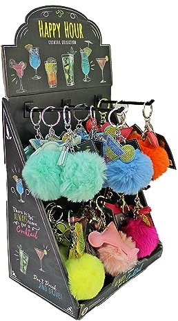 BEMIRO 18 Stück Display Taschenanhänger mit Cocktailrezept und Puschel, Cocktail Schlüsselanhänger, Taschen Anhänger