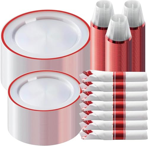 Goodluck 350 Piece Red Plastic Dinnerware Set for Party, Clear Disposable Plates for 50 Guests, Includes 100 Plates, 50 Pre Rolled Napkins with Cutlery Set, 50 Cups for Graduation, Wedding, Christmas