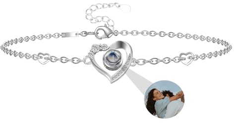 Personalisierte Foto Armbänder für Frauen benutzerdefinierte Herz Armband mit Foto im Stein Foto Projektion Armband Ich liebe dich Armband 100 Sprachen Weihnachten Jahrestag Geburtstag Geschenk