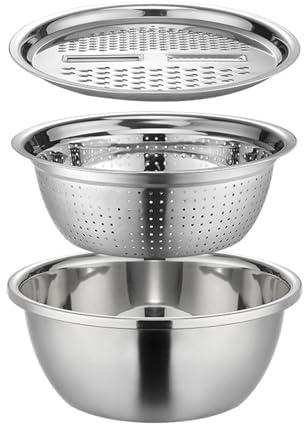 Xistuoz Passoire avec Bol INOX, 3 en 1 Saladier et Passoire avec Râpe à Fromage pour Salade Légumes Fruits Riz Pâtes Lavage