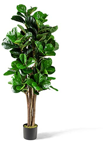 GOPLUS Higuera Artificial Hoja de Violín 1,5 M con Maceta PP, Árbol Artificial PEVA con Tronco de Madera, Decoración Salón, Oficina, Jardín, Verde