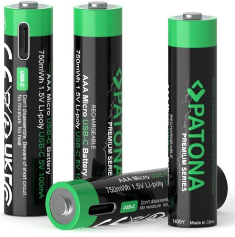 PATONA Pilas AAA Micro USB-C (4 Unidades), 1,5 V/750 mWh, 500 mAh, Recargables a través de USB-C (100 mA), Cable de Carga USB-C con 2 Puertos