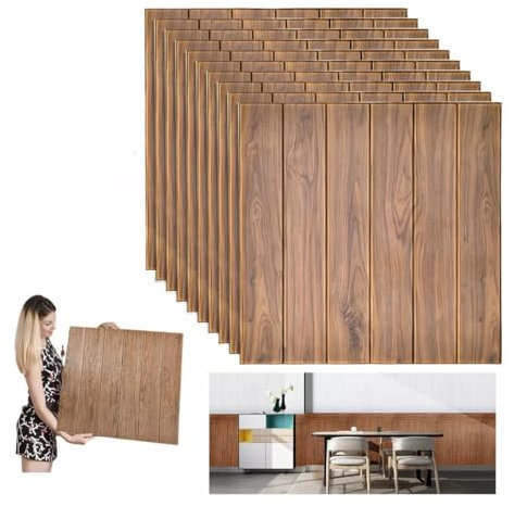Carta da Parati Adesiva Muro 10 Pezzi (5.39m2) 3d Adesiva Pannelli Parete Mattoni Pannello Mattone Decorativi 3d per Parete Adesivi paretiper per Cucina Soggiorno Bagno 77 x 70 cm ROVERE SCURO