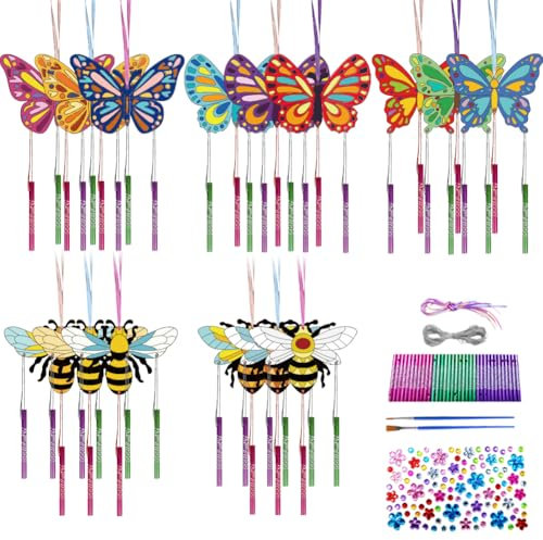 CHGCRAFT 15 Set Schmetterlings Windspiel Set Bienenmalerei Hölzernes Windspiel Set Für DIY Malerei Basteln Frühlingskunst Aktivität Geburtstagsdekoration