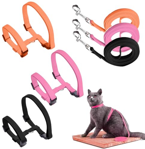 Katzenleine mit Geschirr, 3pcs Katzengeschirr mit Leine, Katzengeschirr Ausbruchsicher (Schwarz + Rosa + Orange)
