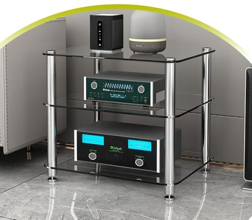 HAEKEBC 4-stöckiger Medienständer Aus Glas HiFi-Racks AV-Komponentenschrank Stereo-Rack Mit Regal Aus Gehärtetem Glas, Offene Medienablageregale Stereoschrank(56cm-22in)