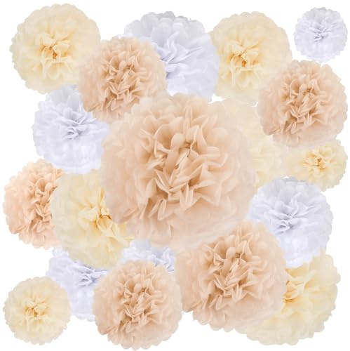 BestoFun 16Pcs Boho Party Decorations Brown Pom Poms Beige Paper Flowers Decorations Boho Groovy Party Decorations for Wedding Birthday Engagement Receptions Bridal Showers