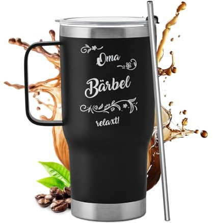 Maverton Personalisierter Thermobecher mit Strohhalm 600 ml - Edelstahl Kaffeebecher to go mit Deckel und Henkel - Geschenk für Frauen - personalisiertes Geschenk für Oma - Schwarz