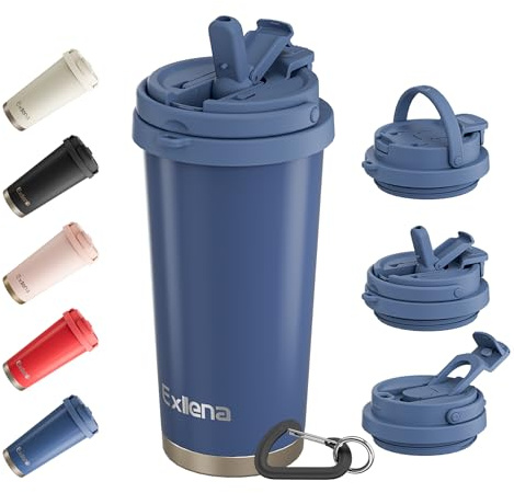 Exllena resemugg – isolerad kaffekopp 500 ml med 3-i-1-lock – 100 % läckagesäker kaffemugg med handtag och klämma perfekt för resor, kontor och utomhusaktiviteter ... (blå)