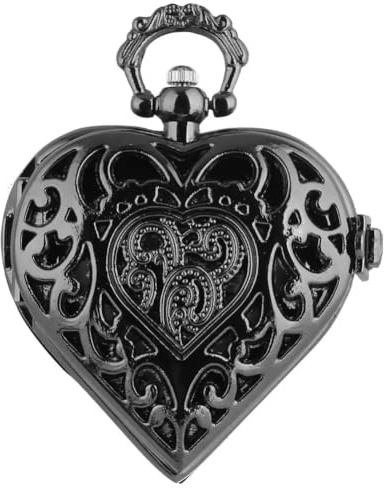 VIGOROSO Women's Pocket Watch, Analog Display, Quartz Movement, Black Stainless Steel, Heart Pendant Necklace, Unisex Accessory, Valentines Day Gifts