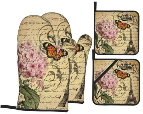 4-Teiliges Set Ofenhandschuhe Und Topflappen Vintage Französische Pariser Hortensie Botanische Blume Küchenhandschuh Geeignet Backhandschuhe Für Cooking Backofen Küche