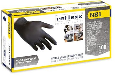 Generico Gants Nitrile Noir Reflexx N81, Gants jetables Nitrile (100/300/1000 pièces) Gants jetables pour aliments, usage Ho.Re.Ca. (100 pièces, taille L)
