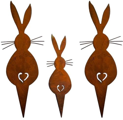 YEWCEP 3 Stück Gartenstecker Ostern, Deko Frühling Outdoor, Osterdeko Garten, Rost Deko für Garten Metall Kaninchen mit Schraube,für Gartendekoration Frühling Bäume Deko
